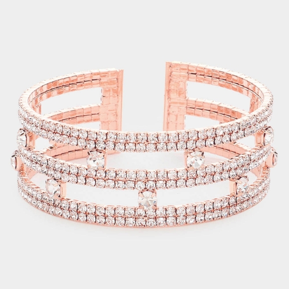 RoseGold Crystal Rhinestone Style Round Stone Split Layered Bling Cuff Bracelet - Picture 1 of 3